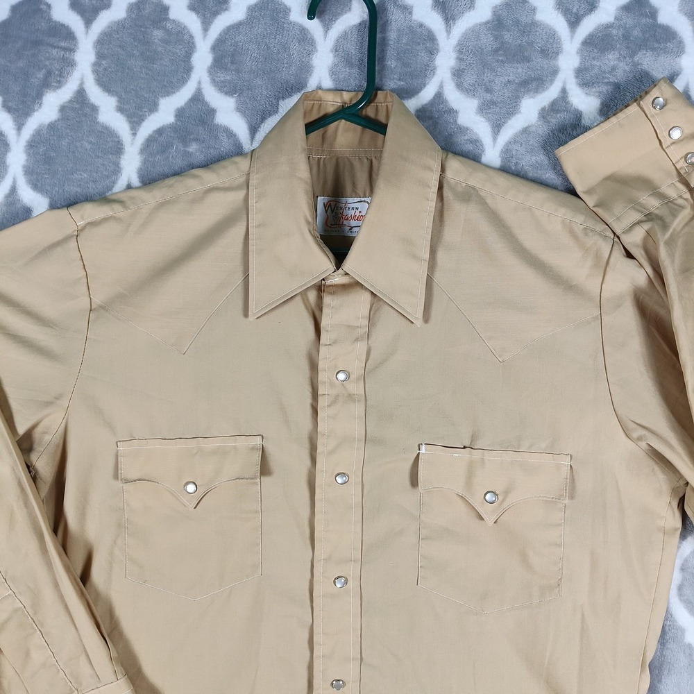Vintage 70s Western Shirt Men L Beige Tan Pearl Snap Cowboy Ranch Denver
